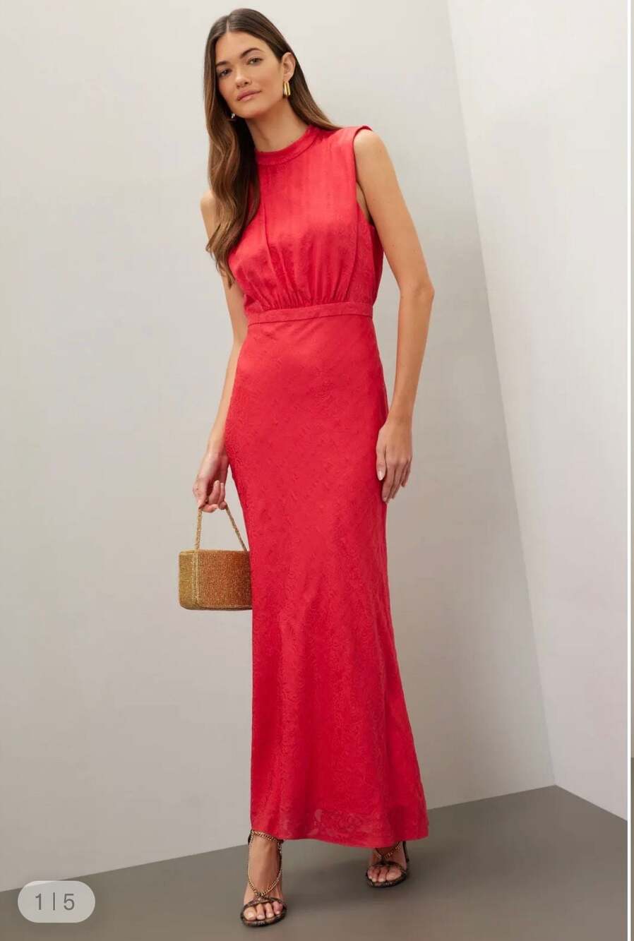 Saloni Fleur  F Silk Stamped Jacquard Sleeveless Maxi Dress Red High Neck Low Ba